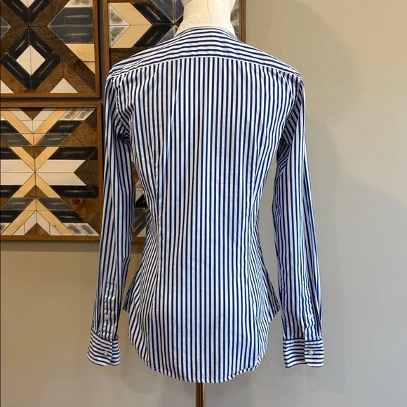 Ralph Lauren Vintage Blue and White Striped Button Up Ruffle Blouse size 4 - Picture 6 of 12